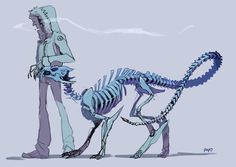 a man standing next to a dog with a skeleton on it's back legs