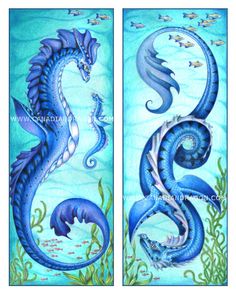 two paintings of blue seahorses in the water