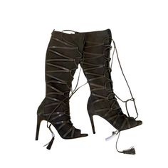 These Knee High Heeled Boots Are A True Show Stopper. They Are Open Toed With Laced Front That Makes Them Adjustable To Fit Any Calf Size. Color Described As 'Tornado' On Box.