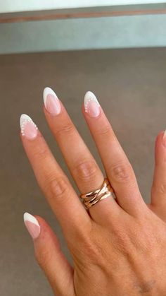 Nails To Go With White Hoco Dress, Hoco French Tips, Basic Nails That Go With Everything, Nail Inspo For Wedding, White Almond Nails With Pearls, Nails Inspiration White Art Designs, Prom Simple Nails, French Tip Hoco Nails, White Nails Fancy