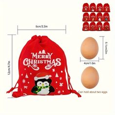 an egg and drawsack bag with merry christmas designs on the front, two eggs in the back