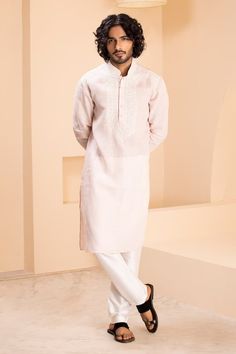 Baby pink linen kurta with placement dori embroidery on front. Paired with a contrasting plain aligadhi. - Aza Fashions Festive Cotton Sets With Tonal Embroidery, Festive Wedding Kurta With Tonal Embroidery, Traditional White Linen Sets, Festive Traditional Wear With Tonal Embroidery For Wedding, Eid Fitted Kurta With Tonal Embroidery, Eid Cotton Kurta With Tonal Embroidery, Elegant Linen Kurta With Resham Embroidery, Traditional Long Sleeve Linen Kurta, Festive Traditional Wear With Tonal Embroidery For Eid