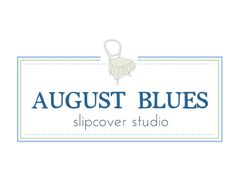 the logo for august blues slipcover studio, with a chair in front of it