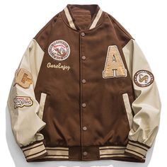 This Japanese-style baseball jacket is the perfect choice for anyone who loves the classic look of vintage baseball jackets. Made with 100% polyester fibers, this baseball jacket is designed for both men and women who want to look stylish and comfortable while playing sports or going out in the town. With its loose fit and comfortable fabric, it's perfect for those who want a relaxed, casual look. The retro varsity jacket features a classic baseball jacket collar, striped elastic cuffs and hem, Retro Varsity Jacket, Senior Era, Style Varsity Jacket, College Street Style, Urban Chic Outfits, Baseball Jackets, Mountain Jacket, Sweatshirt Jean Jacket, Jacket Collar