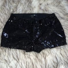 Black Sequin Shorts, Size S, Wit Front/Back Pockets. Nwot Trendy Forever 21 Bottoms For Night Out, Casual Party Shorts With Sequins, Casual Sequined Shorts For Party, Forever 21 Shorts For Night Out In Spring, Chic Forever 21 Shorts For Night Out, Trendy Party Shorts By Forever 21, Forever 21 Black Party Bottoms, Black Sequin Shorts For Summer, Chic Night Out Shorts By Forever 21