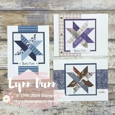 three quilted cards with different designs on them