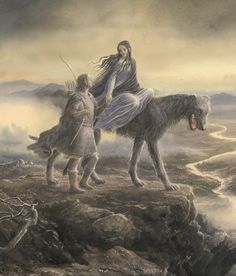 a woman riding on the back of a horse next to a man