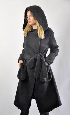 "Black Wool Coat, Hooded Coat, Winter Wool Coat Autumn-winter casual coat. Wool hooded maxi coat. Oversized comfortable coat. Black coat , warm and cozy. The coat has a luxury viscose lining. Model wearing size S. MODEL SIZE bust: 89 cm (34\") waist: 65 cm (25\") Hips: 89 (34\") height:176 cm Care Only Dry Cleaning Shop sizing chart GABYGA SIZE XXS (US 0, UK 4, Italian 34, French 32, German 30, Japan 1) bust: fits bust around 32.5\" / 81cm Waist: fits waist around 25\" / 63.5cm Hips: fits hips a Black Hooded Pea Coat For Cold Weather, Black Hooded Wool Coat For Winter, Black Wool Hooded Outerwear, Winter Coat Black, Belted Wool Coat, Casual Winter Coat, Black Cotton Dresses, Wool Winter Coat, Coat Autumn