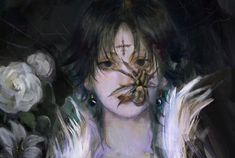 an artistic painting of a woman with spider on her face and flowers in front of her