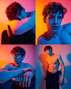 four different shots of a shirtless man with his hands on his chest and arms crossed