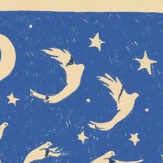 an image of birds flying in the sky with stars and crescents on it's side