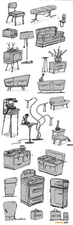 sketches of furniture and tables from the early 20th century