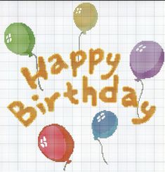 a cross stitch happy birthday card with balloons