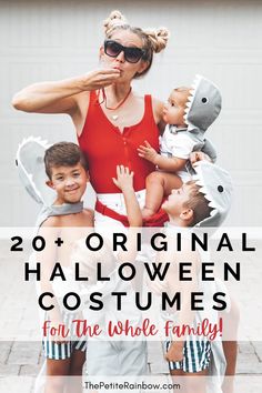 a woman in red shirt holding two children with text overlay saying 20 easy and fun last minute family costumes and how to recycle them