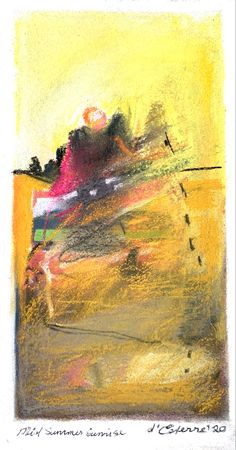 an abstract painting with yellow and pink colors