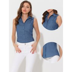 In a lightweight chambray fabric, this shirt adds to your choice for the upcoming seasons. Designed with a lapel collar and V-neck, this Chambray shirt brings a casual and simple feel to any of your outfits. Pair it with pants or skirts for a daily casual look. Suitable for spring/summer and many occasions, such as casual, office, work, weekend gatherings, and daily wear. Chambray Shirt Outfit Summer, Chambray Shirt Outfit, Chambray Shirt Outfits, Shirt Outfit Summer, Chambray Tunic, Chambray Fabric, Pleated Blouse, Women's Blouses, Casual Office