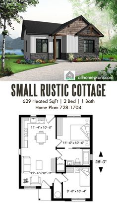 If you are dreaming of building a single level cottage, give this small house plan a chance. With 629 sq ft of space, it boasts 2 bedrooms and an open-concept living/dining area. Furthermore, this plan can be customized if you need to make some changes. Whether you need to build a small ADU in your backyard or a peaceful lake cabin, check out this small cottage plan.