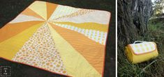 two pictures side by side, one with an orange and yellow quilt on the other