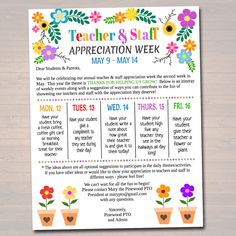 the teacher and staff appreciation week poster is displayed on a wooden table with flowers in pots