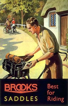 an advertisement for brooks saddles shows a man cooking on the grill with bicycles in the background