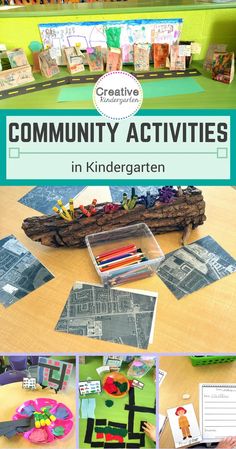 an image of children's crafts and activities in the classroom with text overlay that reads community activities in kindergartn