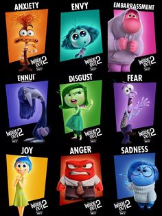 an image of the characters from inside out in different colors and sizes, with words above them