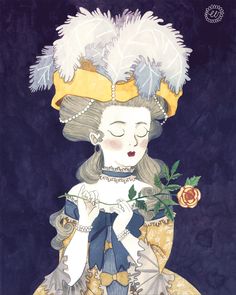 a drawing of a woman in a dress with feathers on her head and holding a rose