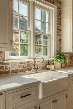 a white kitchen sink sitting under two windows next to a window sill with potted plants on it