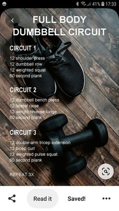 the full body dumbbell circuit is shown with instructions for how to do it and what to use it