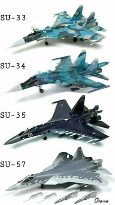 four fighter jets are shown in three different colors, each with the same number of missiles