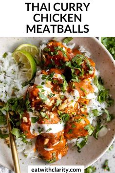 thai curry chicken meatballs with rice and cilantro on the side in a white bowl