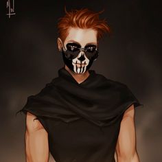 a man with red hair wearing a black cape and skull face paint on his face