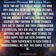 a quote from the zodiac woman and libra man, with stars in the background