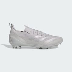 the adidas soccer shoe is white and has silver accents on the upper part of it