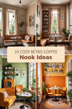 Explore 10 cozy retro coffee nook ideas through 4 inviting images showcasing vintage charm with stylish decor, comfortable seating, and vibrant colors, perfect for coffee lovers. Sleek Coffee Table, Lush Plants, Egg Coffee, Nook Ideas, Warm Decor, Retro Coffee