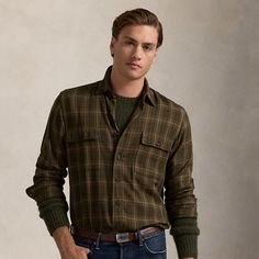 This plaid workshirt is crafted with brushed twill and then washed for unparalleled softness. Button Outfit, Button Down Shirt, Ralph Lauren, Plaid, Mens Outfits