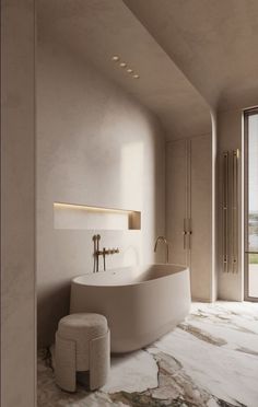 a bathroom with a large bathtub sitting next to a window and a stool in front of it