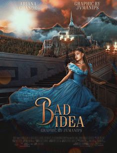 a movie poster for bad idea with a woman in a blue dress on the stairs