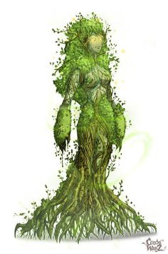 a drawing of a woman with green leaves on her body and arms, standing in front of a tree