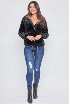 Add some edgy layers to all your go-to outfits this season with our Women's Faux Fur Reversible Jacket with Hoodie. Complete with all standard trademarks: side pockets, hood, faux fur lining, front zip closure, drawstring at hip for comfortable fit, shining hardwear and a reversable option. Composition: - Lining: 100% Polyester • Machine wash cold. • Model is wearing a size S. Fall Hooded Jacket With Faux Fur Lining, Fall Hooded Jacket With Faux Fur Trim, Trendy Hooded Jacket With Zipper For Cold Weather, Hooded Jacket With Faux Fur Lining For Fall Streetwear, Casual Hooded Jacket With Faux Fur Trim For Fall, Edgy Outerwear With Drawstring Hood For Fall, Edgy Fall Outerwear With Drawstring Hood, Edgy Outerwear With Drawstring Hood For Winter, Edgy Winter Outerwear With Drawstring Hood