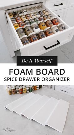 an open drawer is shown with the words do it yourself foam board spice drawer organizer