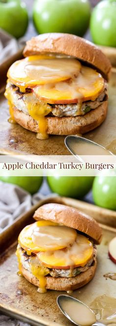 an apple cheddar turkey burger on a baking sheet