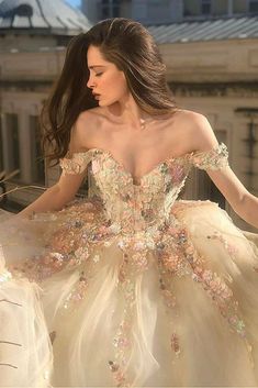 Gorgeous Off Shoulder Champagne Lace Floral Prom Dress, Long 3D Flower Champagne Formal Evening Dress, Champagne Ball Gown