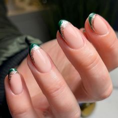 Green And Gold Biab Nails, Green And Gold Tip Nails, Green And Gold French Tips, White Green Gold Nails, Rose Gold And Green Nails, Green And Rose Gold Nails, Gold And Green Nails, Nails Green And Gold, Gold Nails French