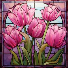 three pink tulips in front of a stained glass window