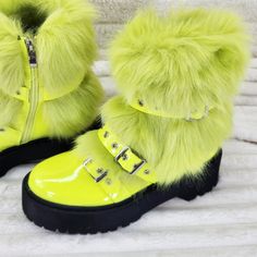 Faux Fur And Wrap Strap Details 2" Rubber Composit Lugged Platform Soles Side Zipper For Easy On/Off Runs True To Size Brand New Designer Leather Bags, Bad Barbie, High Fashion Outfits, Jordan 13, Snow Boots Women, Platform Ankle Boots, Kinds Of Shoes, Hot Shoes, Boots Women