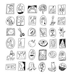 a bunch of doodles that are drawn in black and white