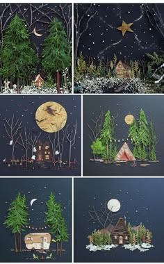 four different images of trees and houses in the night sky, with stars above them