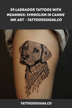 Geometric style tattoo of a Labrador on a person's thigh, displayed as an example on TattooDesigns.co advertisement.