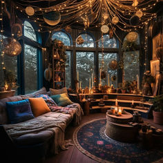 a living room filled with furniture and lots of lights